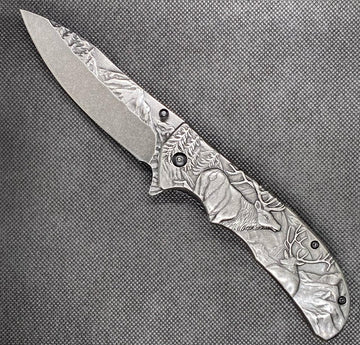 Bull Pattern Folding Pocket Knife, Stone Washed Steel Handle Liner Lock.