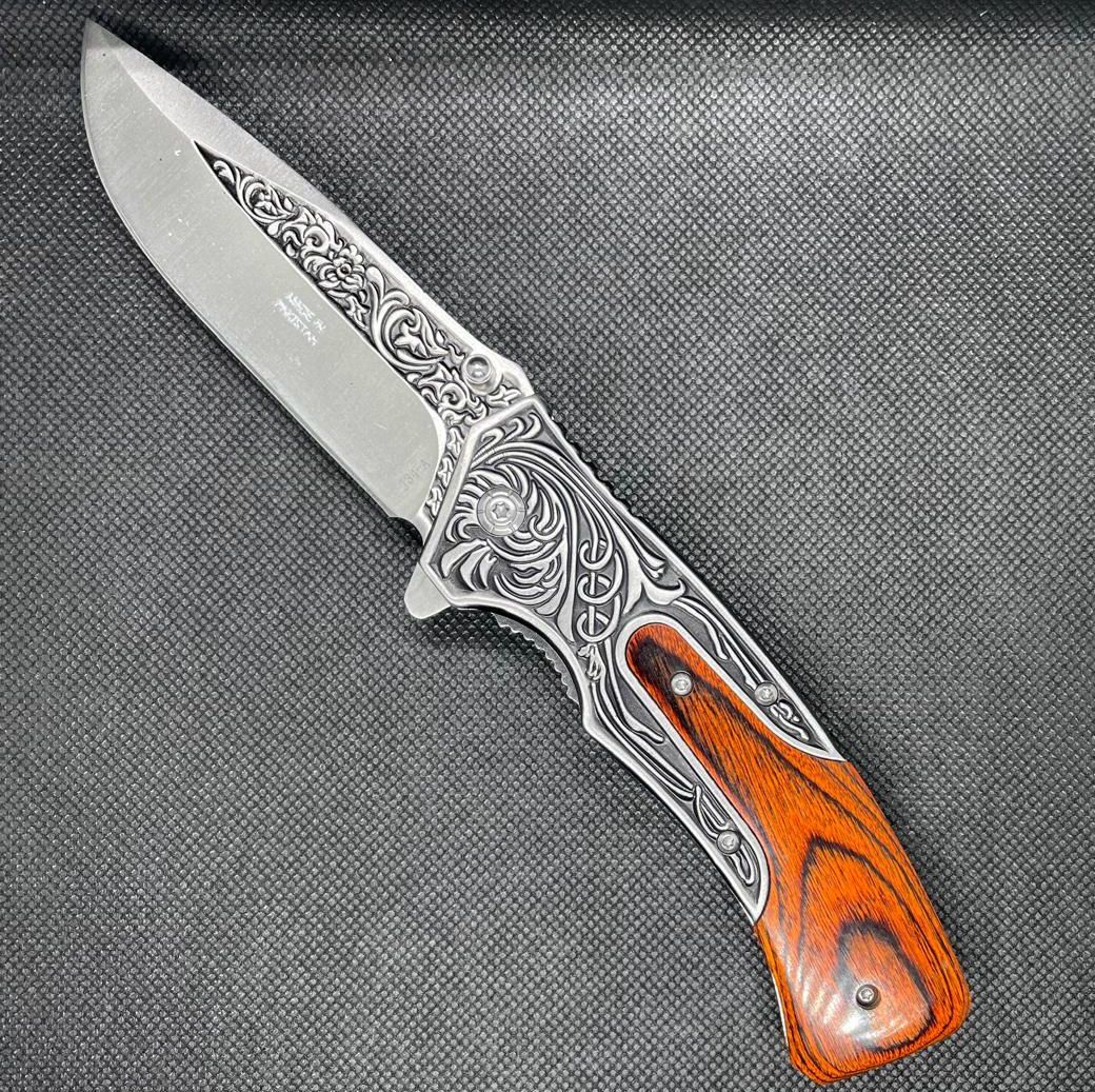 Tactical Spring Assisted Folding Open Blade Pocket Knife Blade Wood Handle