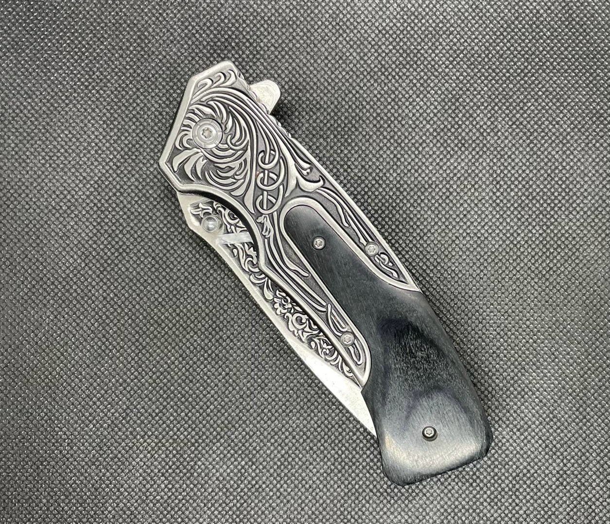 Black Wood Handle Spring Assisted Engraved Blade Folding Open Pocket Knife