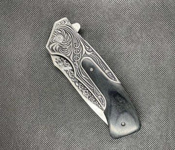 Black Wood Handle Spring Assisted Engraved Blade Folding Open Pocket Knife